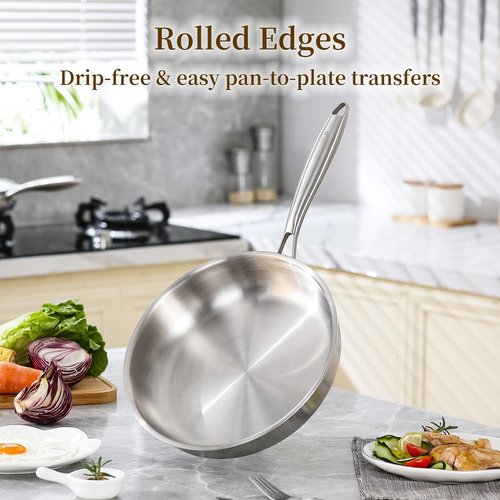 DELARLO Tri-Ply Stainless Steel Pan, 18/10 Frying Pan, Oven Safe Up to 600°F, Nontoxic Cookware, Compatible with All Cooktops Skillet, Durable, Fast Even Heat Fry Pan,8" 10" 12" with lids