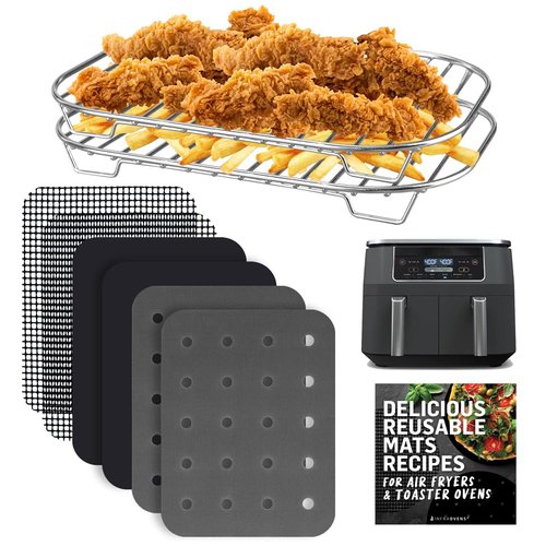 INFRAOVENS Accessories for Ninja Dual 2 Basket Air Fryer 10 QT DZ401 & 8 QT DZ201, Racks for Foodi Dual Zone, Reusable Liner Sheets for Double Airfryer, 9pcs Kitchen Accessory Set with Recipe Book
