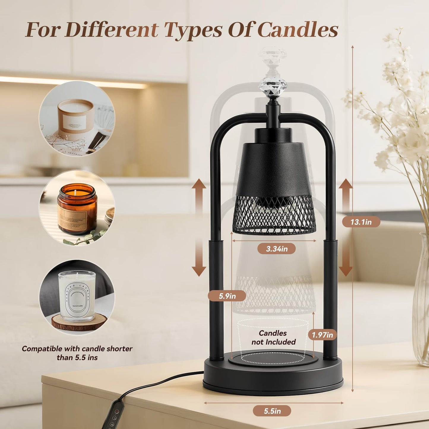 Candle Warmer Lamp with Timer Dimmer Dual Pole Height Adjustable Candle Warmer Gifts for Women Wax Melt Warmer for Scented Jar Candles Birthday Gift for Mom Mothers Day House Warming New Home Decor
