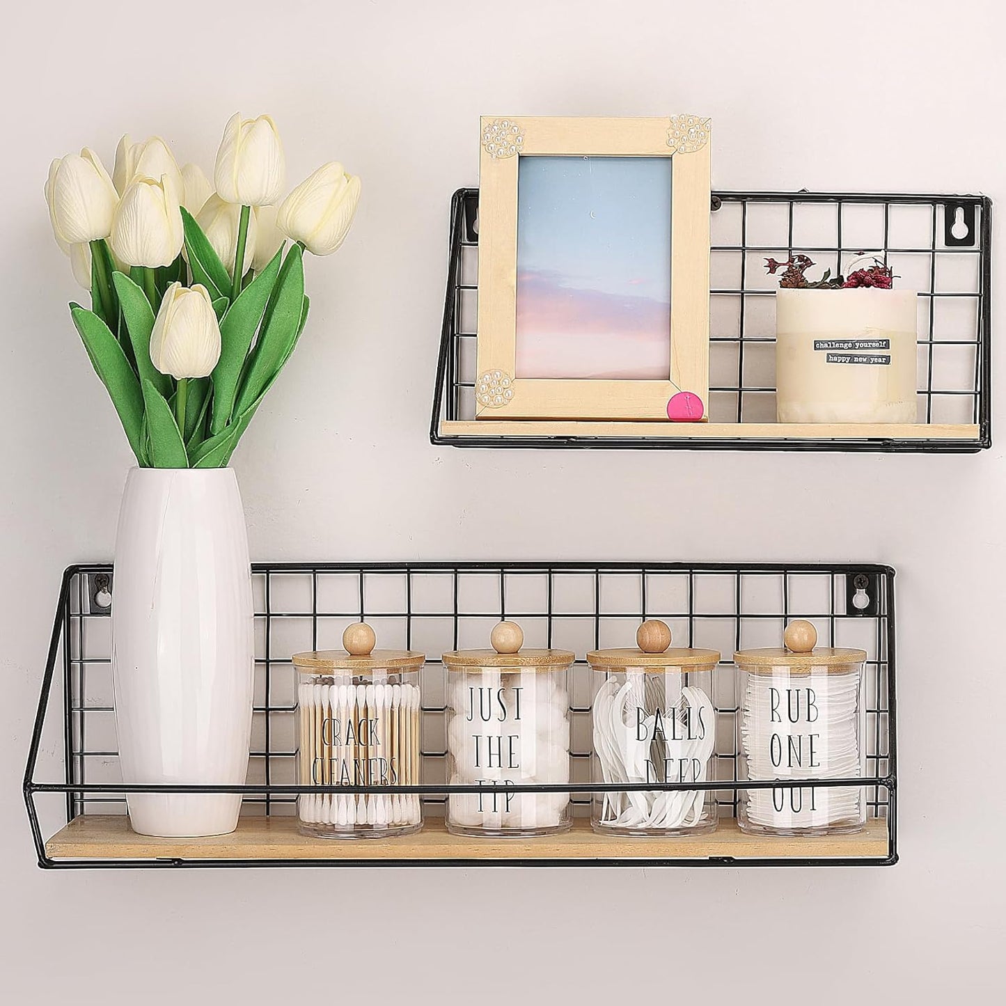 Tbestmax Qtip Holder - 10 oz Clear Plastic Bathroom Organizer with Bamboo Lids | Perfect for Cotton Balls & Swabs