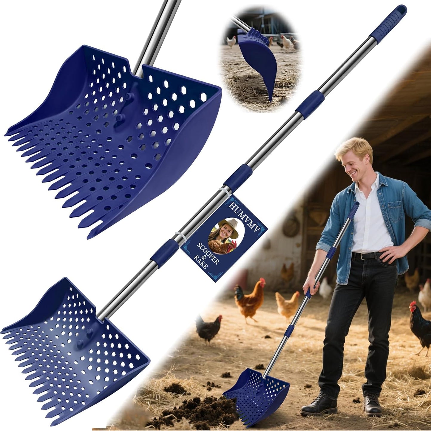 US Patent Pending 12-Inch Chicken Poop Scooper & Rake - Stainless Steel Handle | 3-Shape Sifting Holes (Blue)