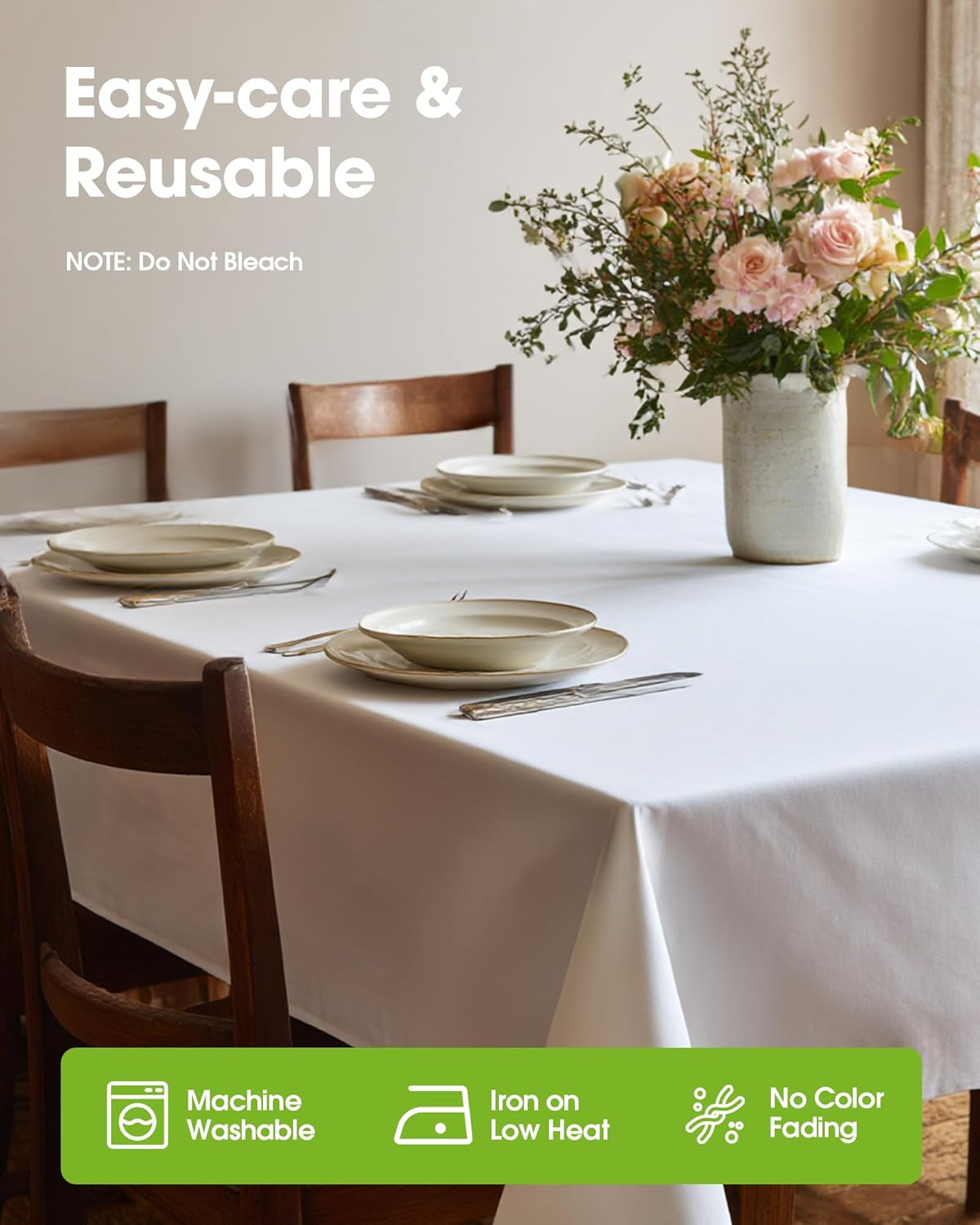 Pureegg Rectangle Tablecloth - Durable 60" x 84" Polyester for Outdoor Parties, Weddings & Picnics | Washable & Reusable, White