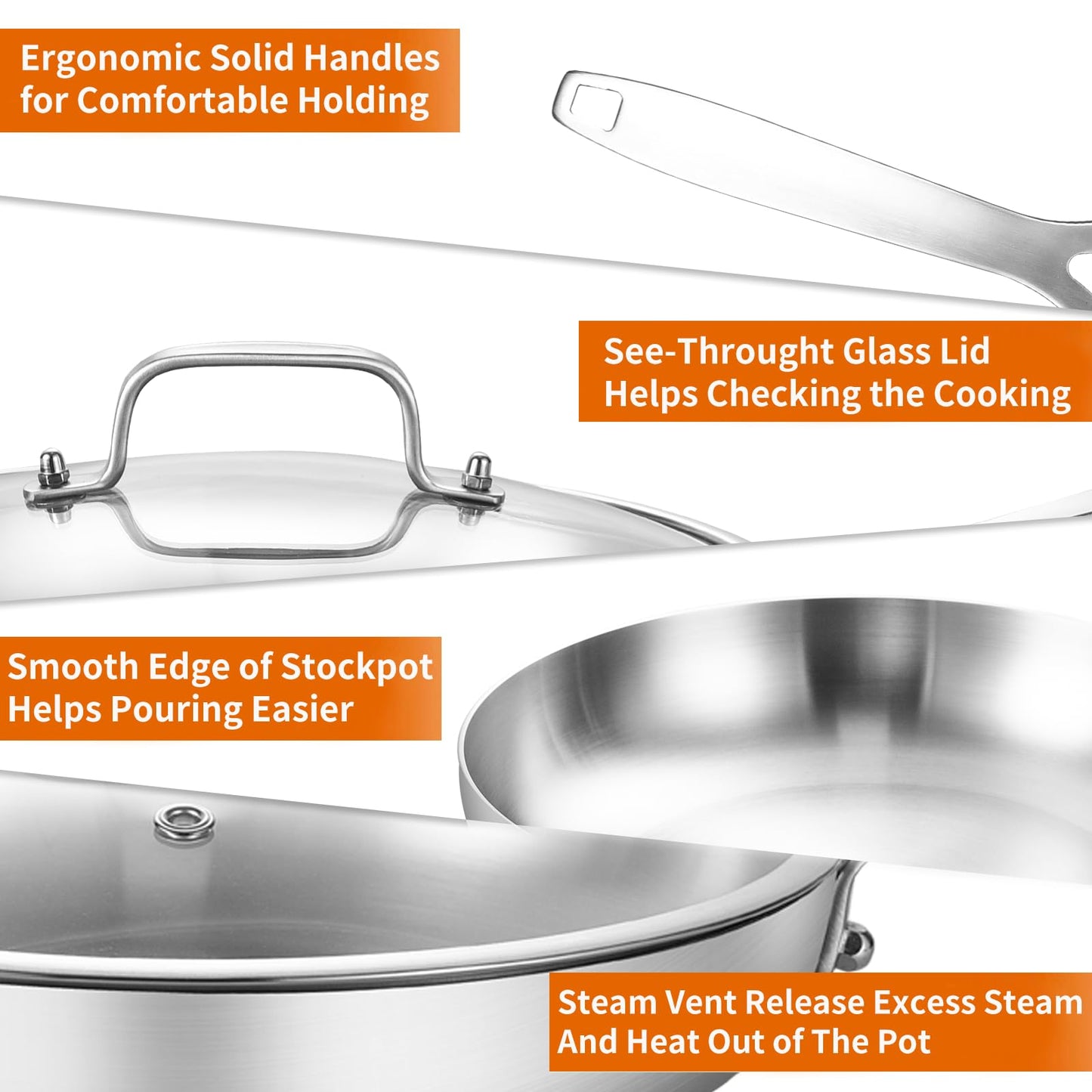 DELARLO 10inch Tri-Ply Stainless Steel Pan with lid, Induction Stainless Steel Frying Pan With Lid, Oven Safe Skillet 10in, Heat quickly and evenly, Durable Stainless Steel Cookware