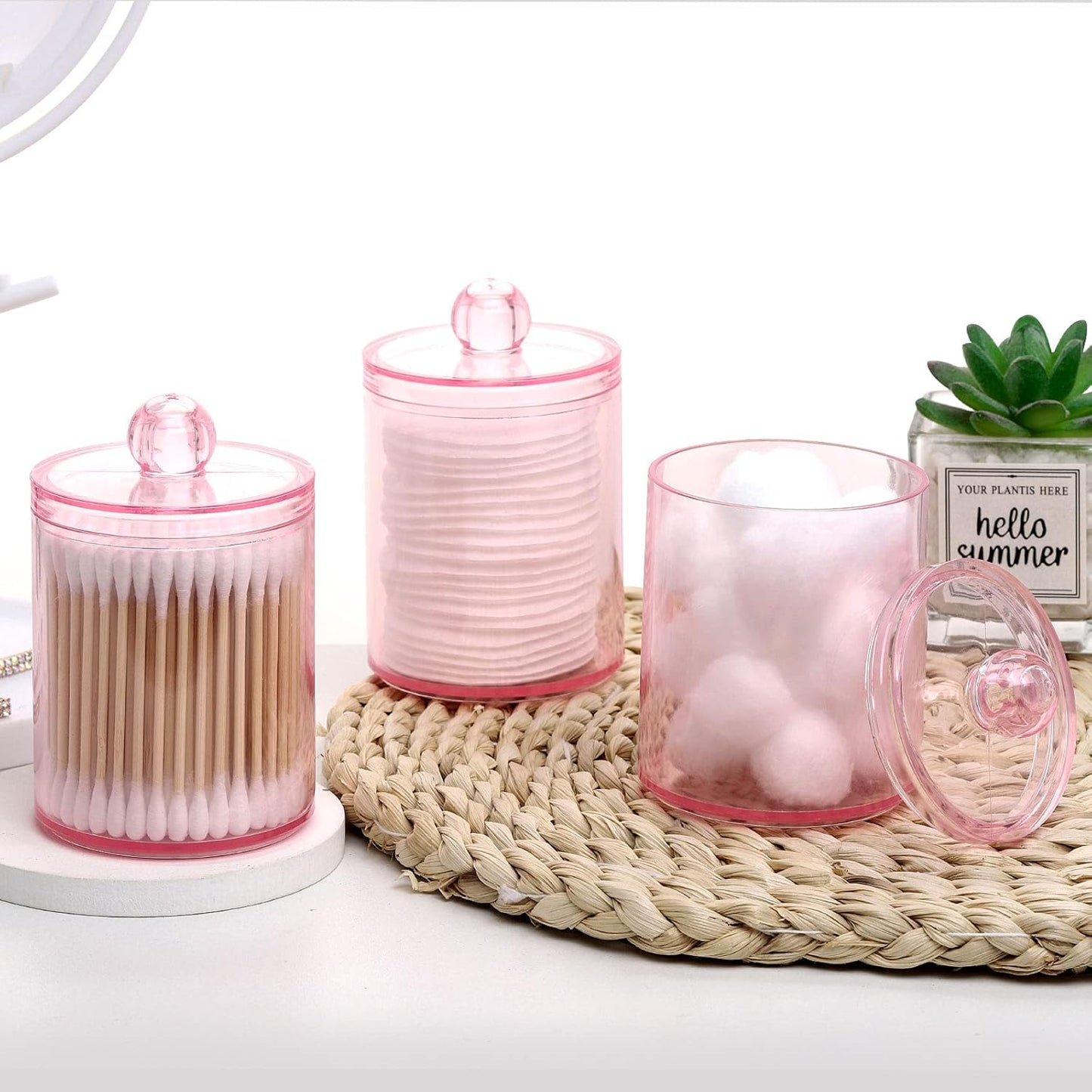 Tbestmax Apothecary Jar - 10 OZ Qtips Holder for Bathroom | Pink Cotton Ball & Swabs Organizer