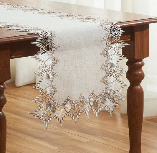 Raedan Natural Linen Table Runner 48 inches Neutral Earth Tones Beige Lace Coffee Table Runners Dresser Scarf for Spring Easter Summer Kitchen Wedding Party, Machine Washable (Natural, 16”x48”)