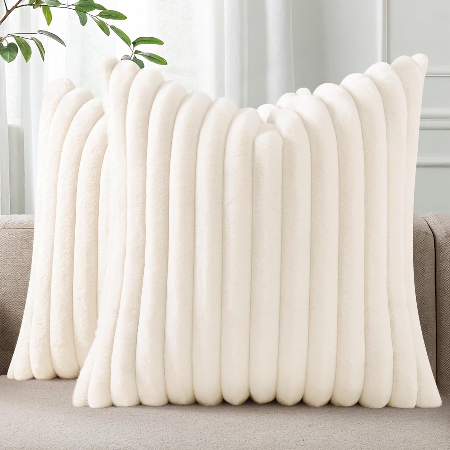 Pallene Faux Fur Throw Pillow Covers - Luxury Soft Fluffy Striped Set of 2 | 18x18 Cream White