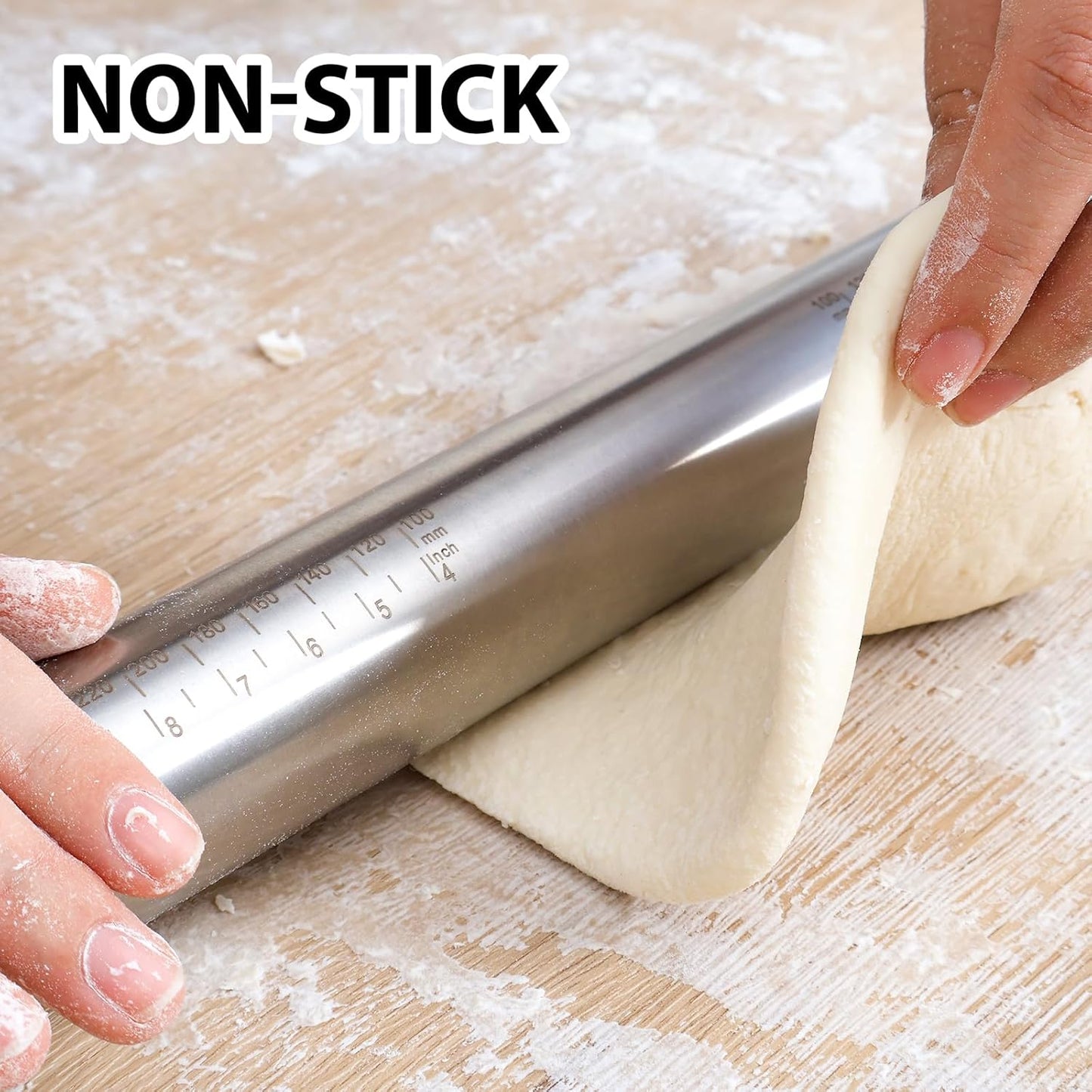 Skiennix Adjustable Rolling Pin - Non-Stick Stainless Steel Dough Roller with Thickness Rings | 15.8" Grey