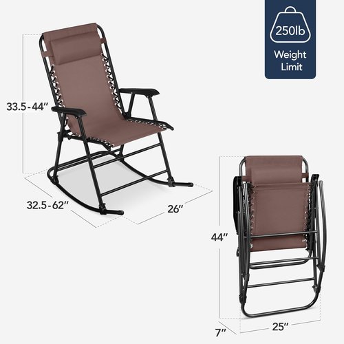 Best Choice Products Zero Gravity Rocking Chair - Folding Reclining Patio Lounge with Adjustable Pillow | Brown