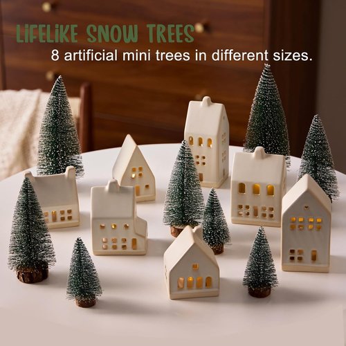 Christmas Village Set by [Brand Name] - 23 Pcs with 7 White Ceramic Houses & Remote LED Tea Lights | Farmhouse Decor for Tabletop & Mantel