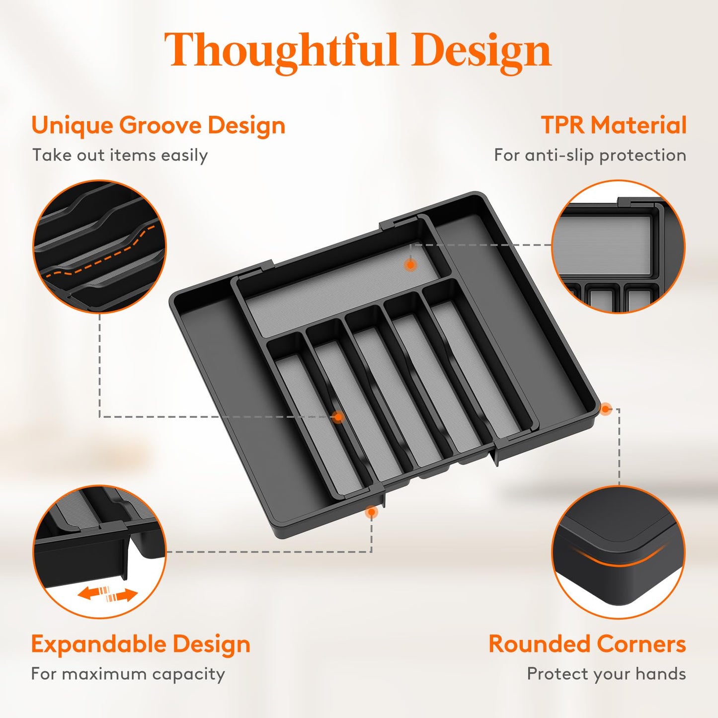 Lifewit Silverware Drawer Organizer, Expandable Utensil Tray for Kitchen, BPA Free Flatware and Cutlery Holder, Adjustable Plastic Storage for Spoons Forks Knives, 33 -57 x 42cm, Black and Gray