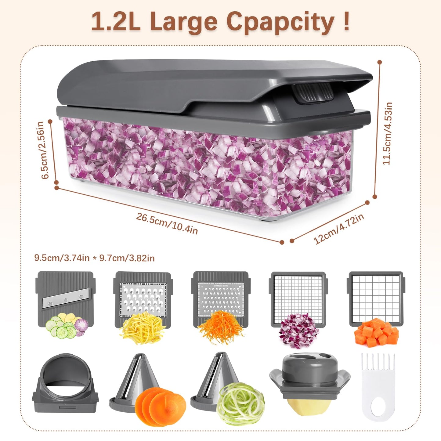 LHS Professional Multifunctional Vegetable Chopper Pro Food Chopper with Food Storage Containers, Mandoline Slicer Onion Dicer Fruit Cutter, Kitchen Gadgets and Home Essentials(11 in 1, Grey)