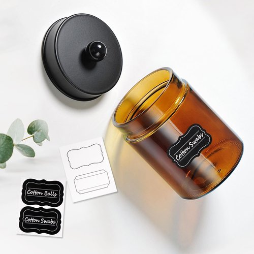 Amolliar Amber Glass Qtip Holder - Stylish Apothecary Jar with Matte Black Lid | 2-Pack Bathroom Organizer for Cotton Swabs and Floss