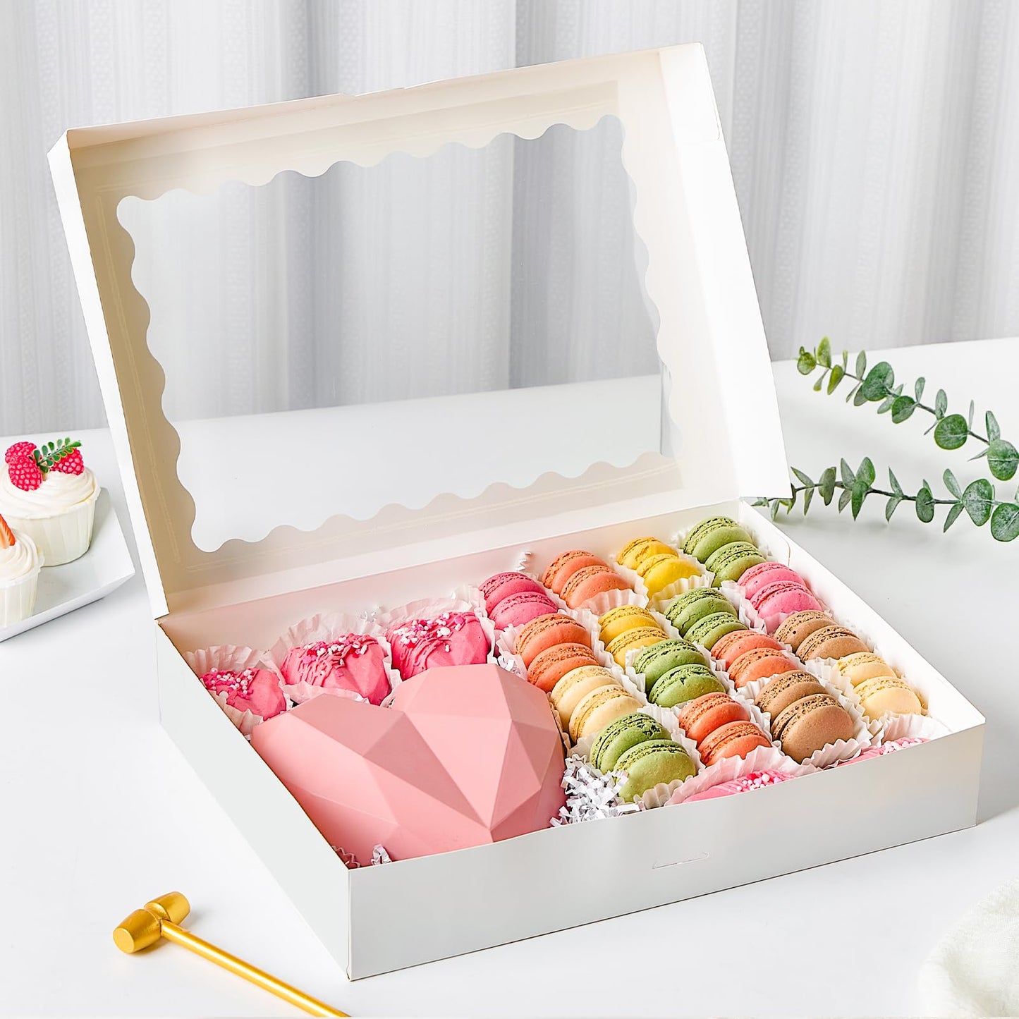 Ocmoiy 20 Pack Cookie Boxes, 14x10x2.5 Inch Large Bakery Boxes with Window, Auto-Popup Treat Box for Chocolate Covered Strawberries, Pies, Donuts, Muffins, Breakable Heart