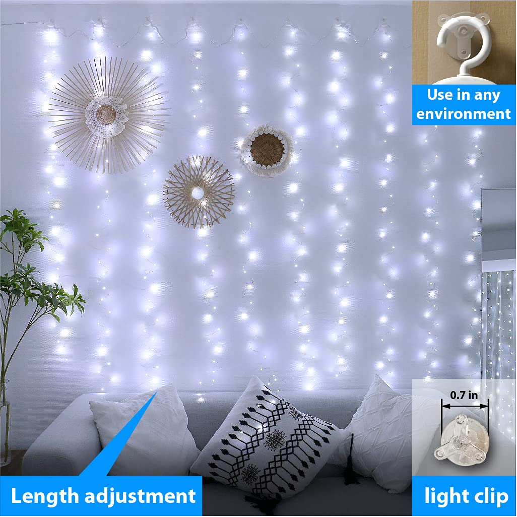 ZSJWL 300 LED White Curtain Lights, 9.8x9.8Ft DIY Windows Fairy String Lights with Remote 8 Modes Timer for Bedroom, USB Plug in Fairy Curtain Lights for Indoor Outdoor Weddings Party Garden Wall