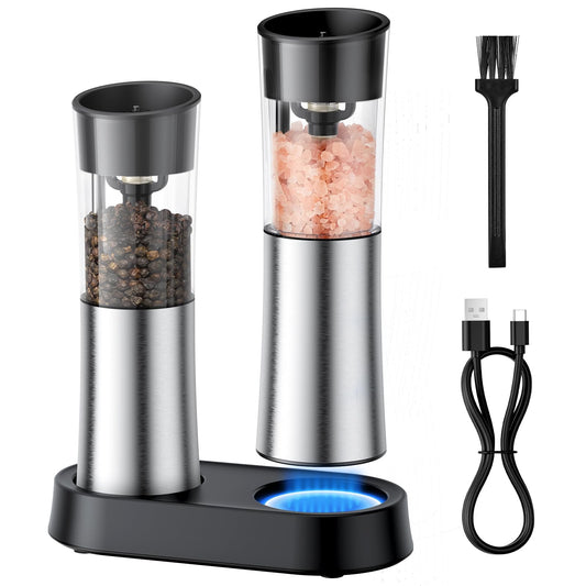 Electric Salt and Pepper Grinder Set — Gravity Rechargeable Salt Pepper Grinder with Charging Base and LED Light, Adjustable Coarseness, Large Capacity, One-handed Operation Salt Pepper Mills