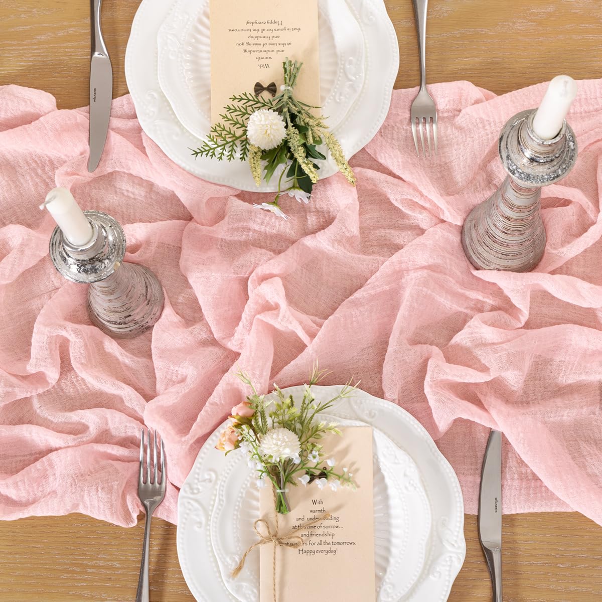 Santaben Blush Pink Cheese Cloth Table Runner Mother's Day Spring 120 Inch Soft Rustic Boho Gauze Cheesecloth Table Runner 10FT for Wedding Birthday Party Baby Shower Home Decoration