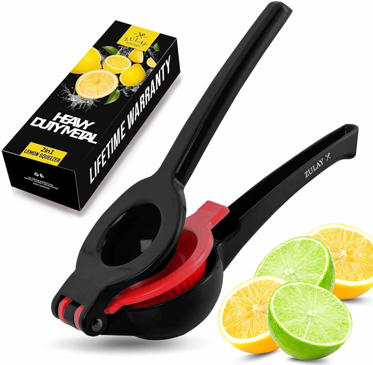 Zulay Kitchen 2-in-1 Lemon Squeezer - Sturdy Manual Citrus Juicer for Maximum Juice Extraction - Black/Red