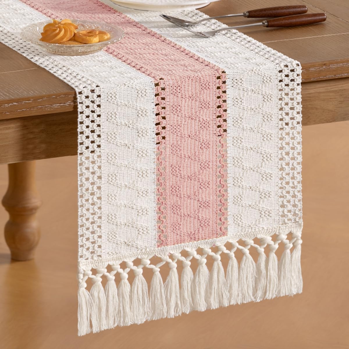 Socomi Boho Table Runner Macrame Long Easter Spring Farmhouse Woven Cotton Linen Rustic Coffee Table Runner with Tassels for Dresser Scarf Home Decor Dining Room 12x108 inPink Ivory