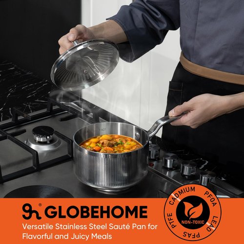 GLOBEHOME 2 Quart Saucepan with Lid, 5-Ply Stainless Steel Sauce Pan, Induction Compatible & Oven Broiler Safe to 800°F, Heavy Duty Sauce Pot for Even Heating, Dishwasher Safe
