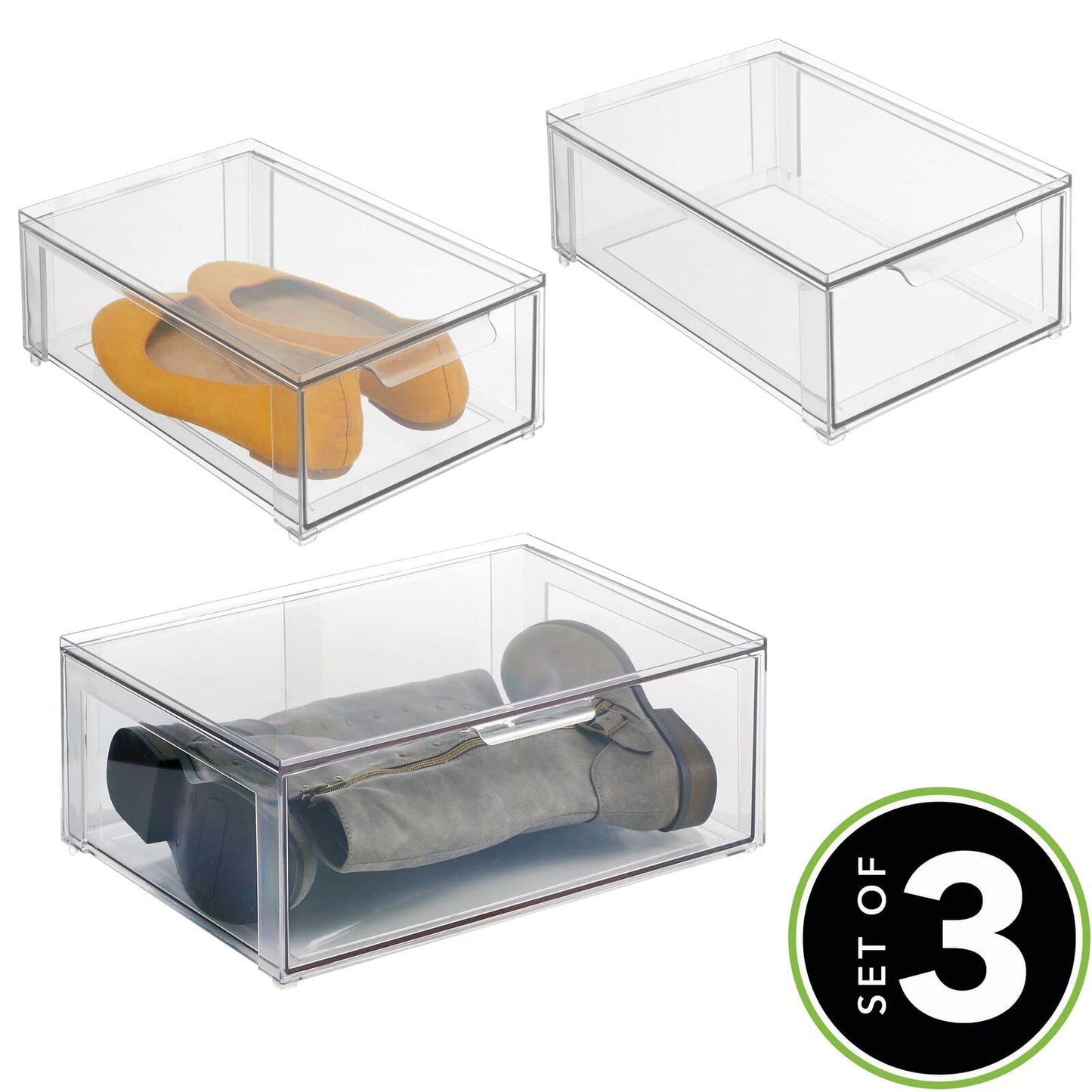 mDesign Plastic Stackable Closet Storage Organizer Bin Containers with Front Pull Drawer for Cabinet, Desk, Shelf, Cupboard, or Dresser Organization - Lumiere Collection - Set of 3 - Clear