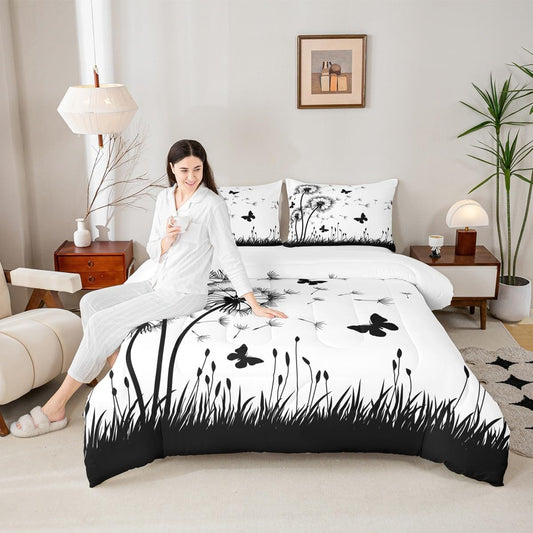 Homewish Dandelion Comforter Set Queen Size,Rustic Natural Bedding Set 3pcs for Kids Teens Girls Boys Room Decor,Butterfly Floral Animal Quilt Set Black and White Duvet Insert with 2 Pillowcases