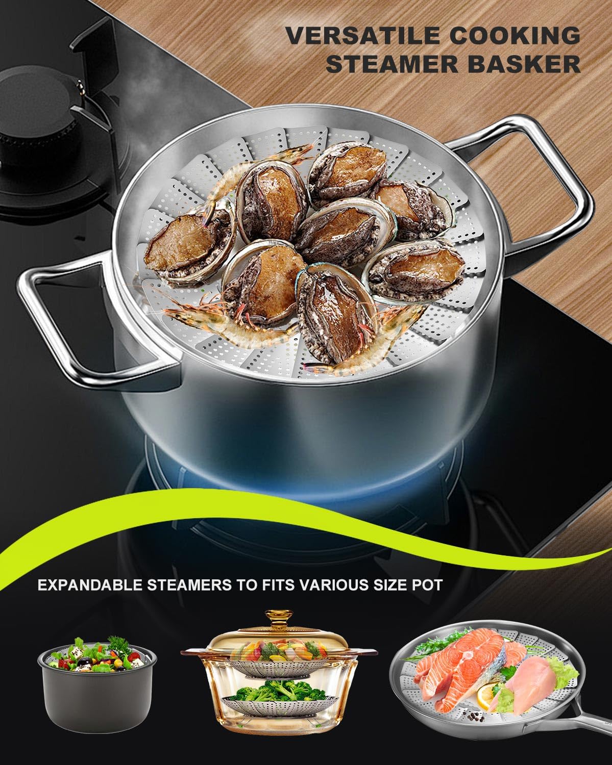 LANVIYA 2 Layer Steamer Basket for Cooking - Large Capacity 2-in-1 Stainless Steel Vegetable Steamers, Expandable 5.4-11 Inches Adjustable Steamer Insert for Pots/Instant Pot, Dual Layer Steamers for Baby Food/Seafood/Dumplings