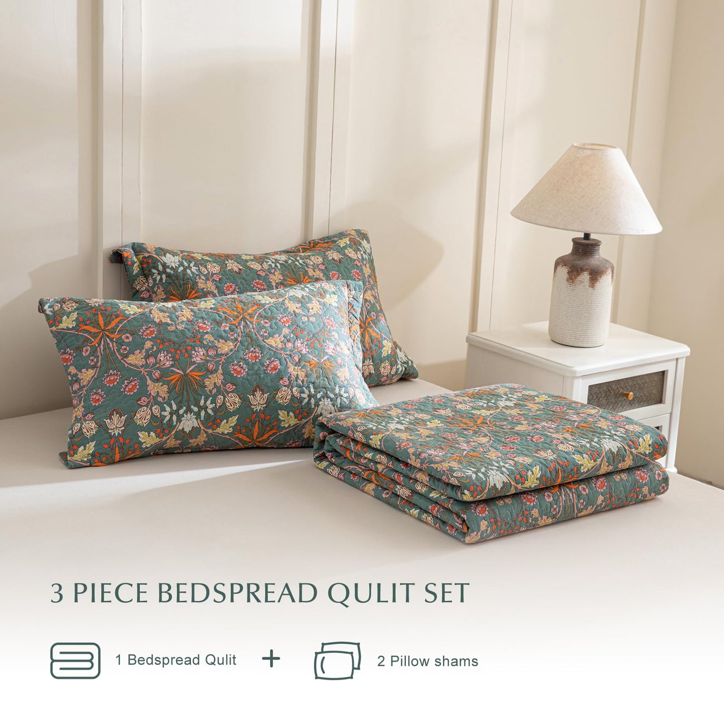 Lady Ann 100% Cotton Floral Quilt Sets Queen - Vibrant Paisley Flowers Pattern Plant Botanical Printed Quilted Bedspread & Coverlet Set, 3 PCS Lightweight Extra Soft Queen Bedding Sets All Season