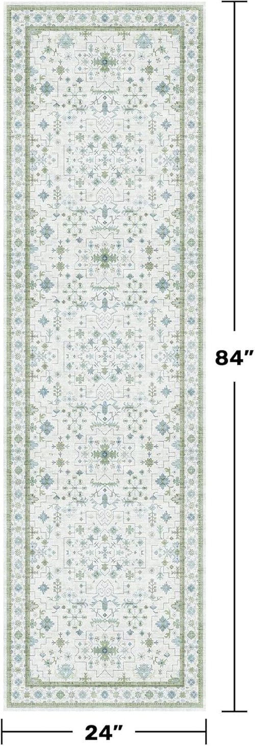 Hazo Haus Boho Bathroom Runner Rug - Cream Green Oushak Floral, Washable & Non-Slip | 2x7 Size