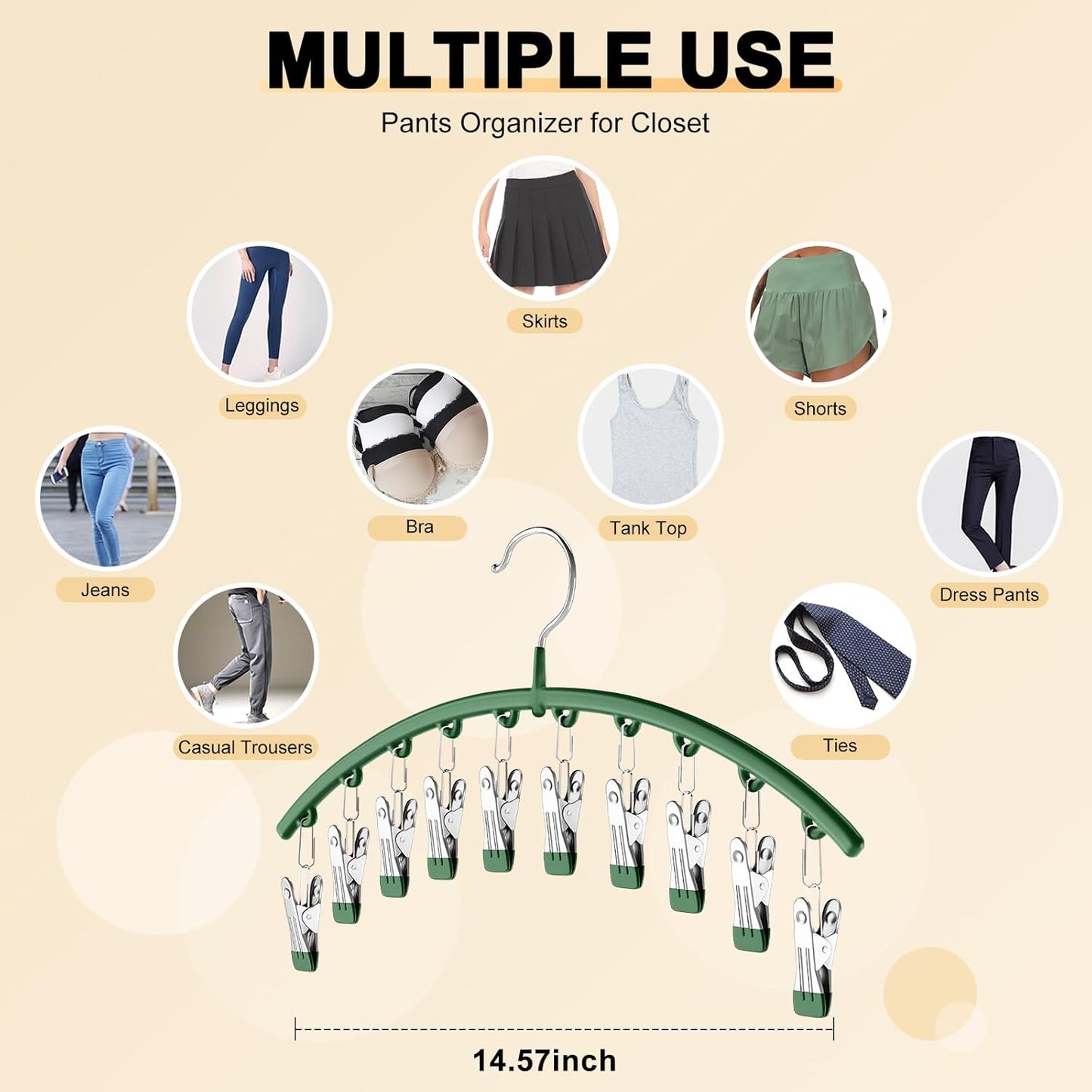 Skiennix Legging Organizer - Metal Yoga Pants Hangers with 10 Clips | Space-Saving Closet Storage, Green - Holds 40 Leggings
