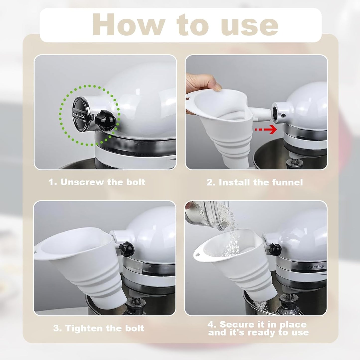 KitchenAid Silicone Flour Funnel - Foldable Anti-Splash Accessory for 5-Quart Tilt-Head Mixer | Dishwasher Safe (White)