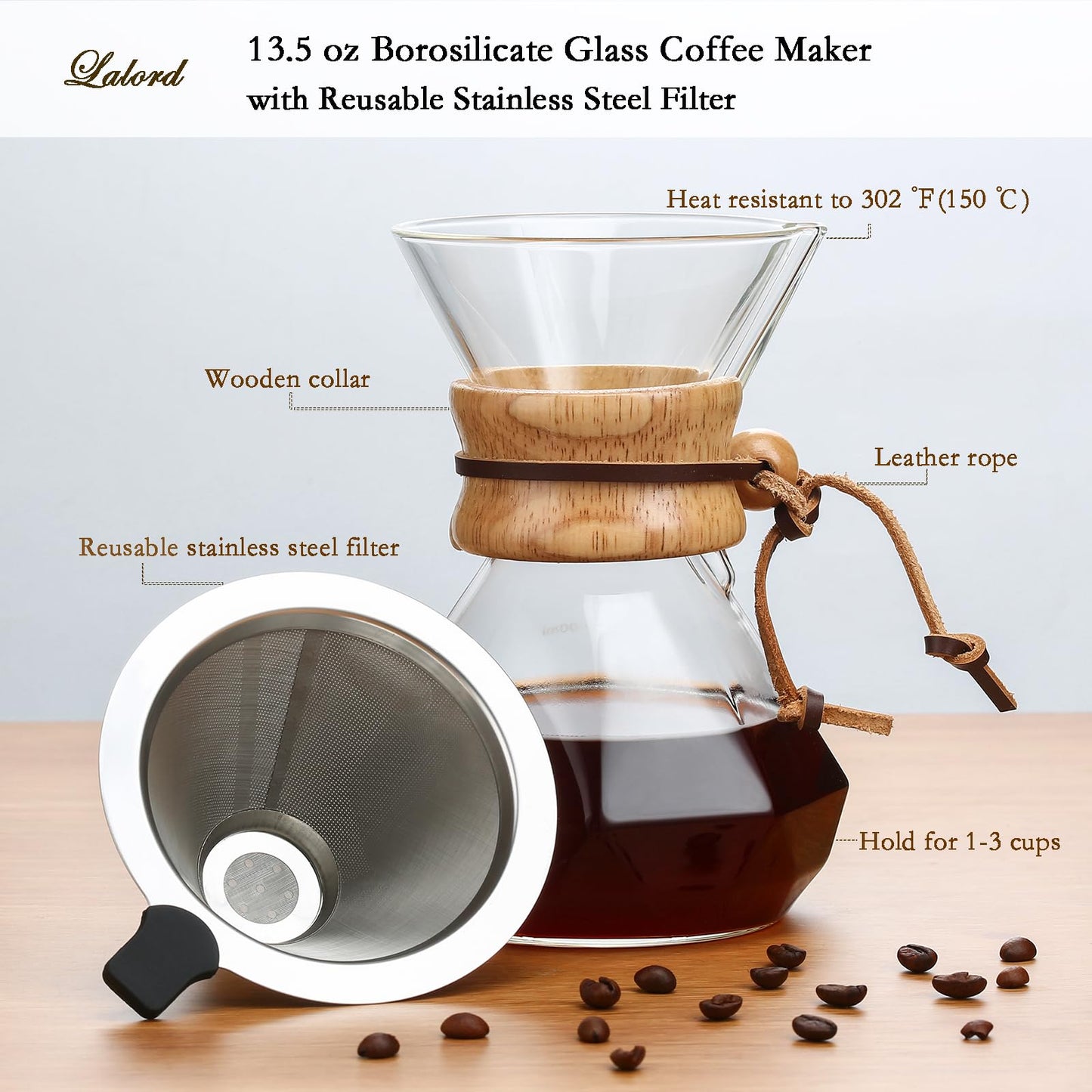 Lalord Pour Over Coffee Maker with Stainless Steel Filter, Borosilicate Glass Coffee Carafe, Modern Wooden Collar, Coffee Maker Carafe, Hold 2 Cups, 400 ml/13.5 oz, Clear