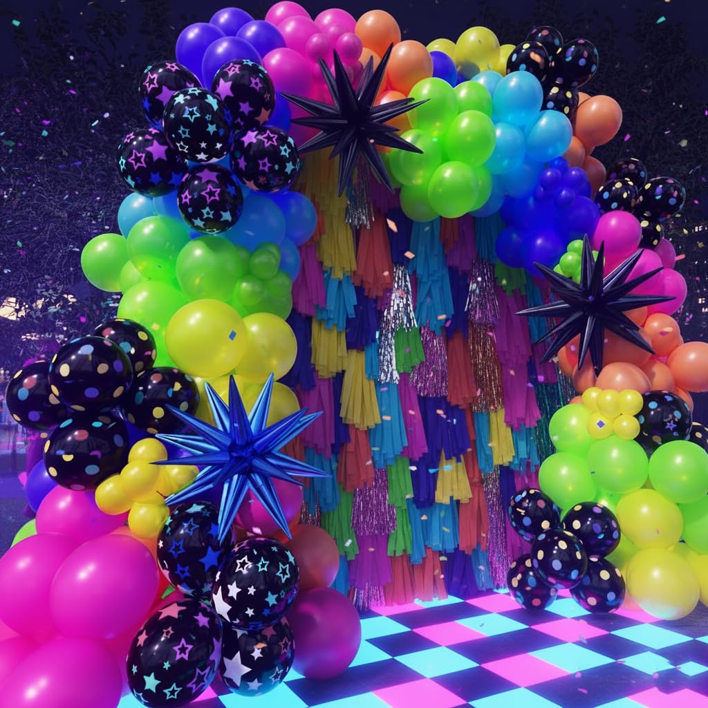 PTGOLUO 185Pcs Neon Balloons Arch Garland Kit with Glow in the Dark Balloons, Neon Balloons Arch Kit for Back to 80s 90s DISCO Birthday Party Decorations, Let's Glow Party, Rock Roll Party Supplies