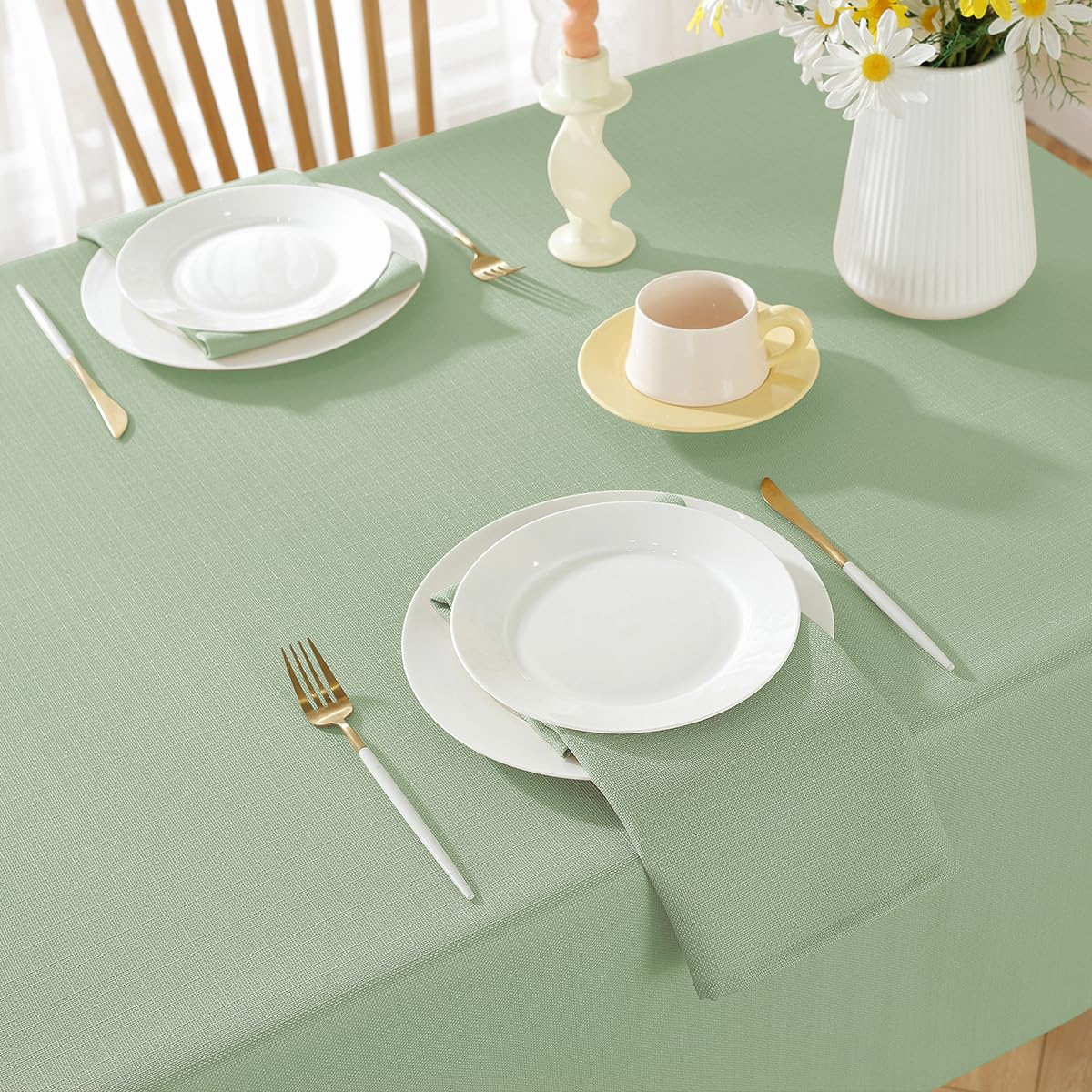 SASTYBALE Textured Rectangle Tablecloth Waterproof Wrinkle Free Fabric Table Cloth, Faux Linen Polyester Table Cover for Dining/Party/Picnic/Indoor/Outdoor (52 x 70 Inch Rectangular, Sage Green)