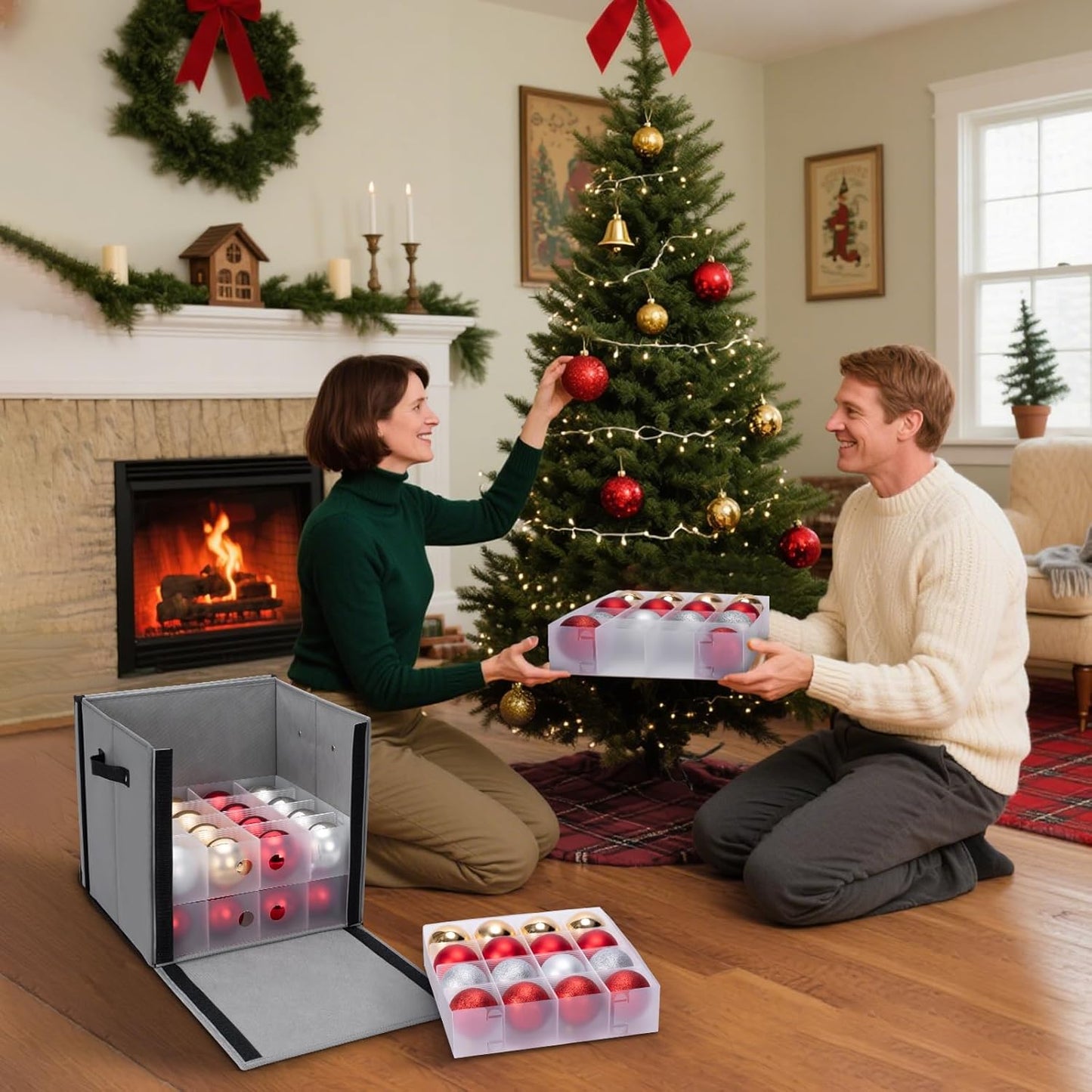 BALEINE Christmas Ornament Storage Box - Premium Holiday Container with Dividers for 64 Balls, Red