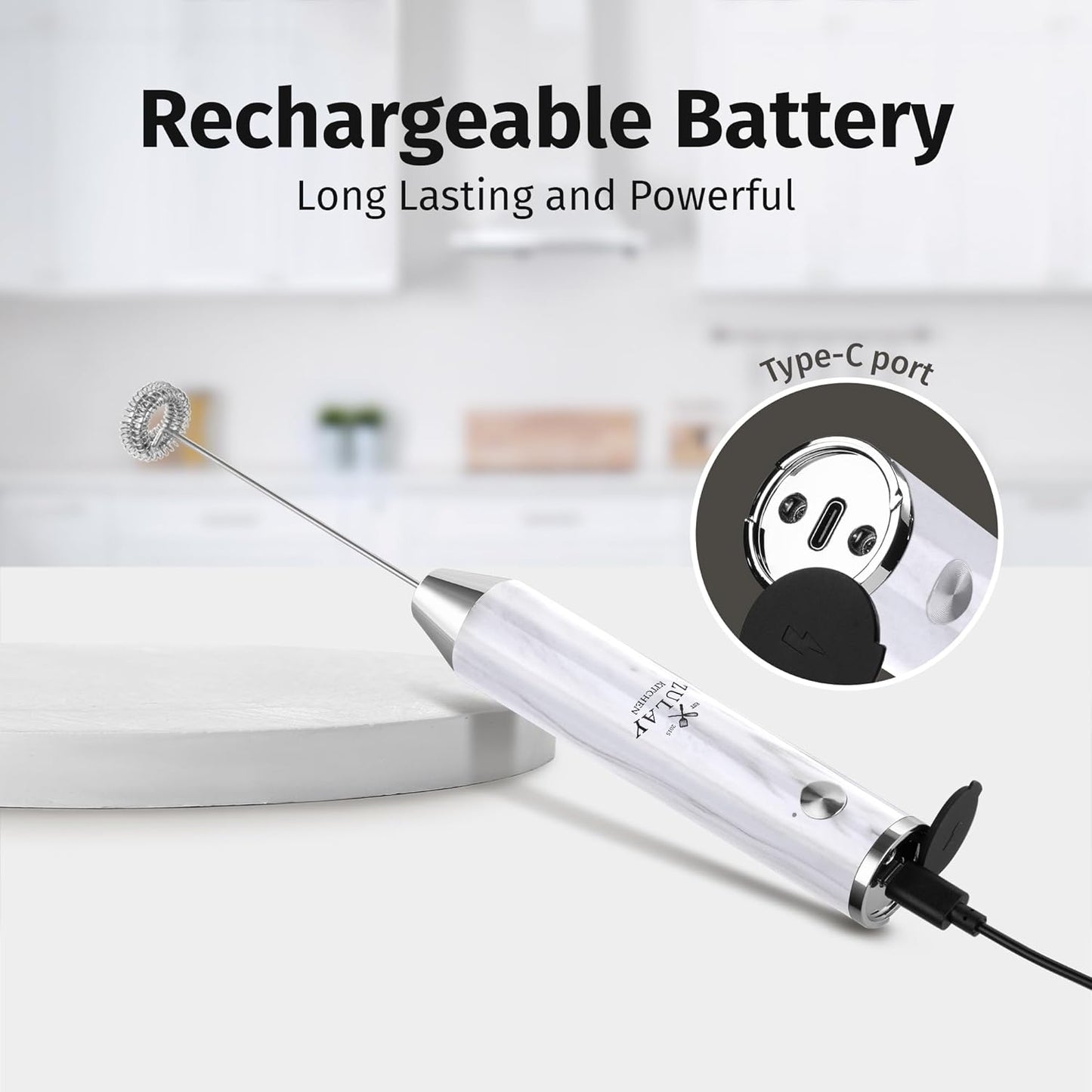 Zulay Kitchen Rechargeable Milk Frother - Powerful 2-Speed Motor, Waterproof, 2000mAh Battery | White Marble Drink Mixer for Lattes, Cappuccinos & Matcha