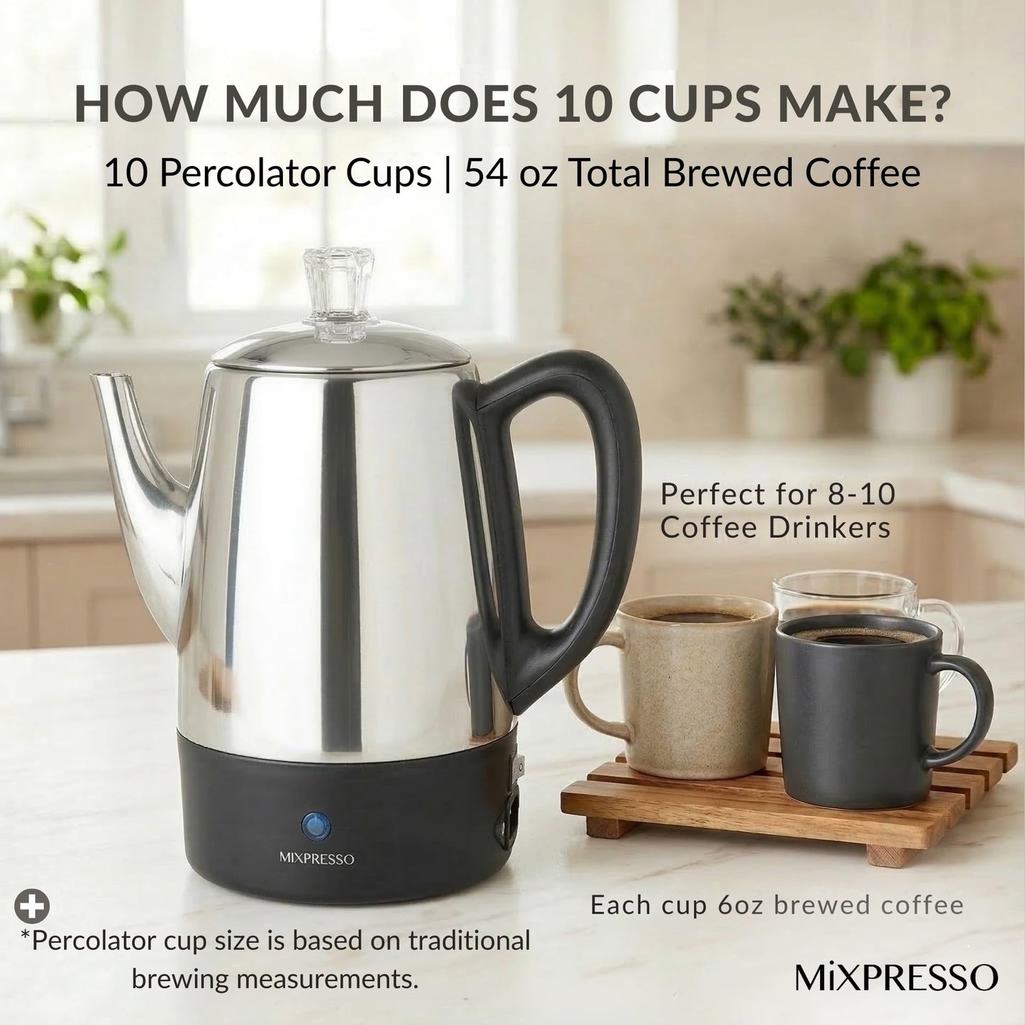 Mixpresso 10 Cup Percolator Coffee Pot Electric, Stainless Steel Coffee Percolator Electric With Keep Warm Function, Classic Perculator Pot With Removable Basket for Home or Office