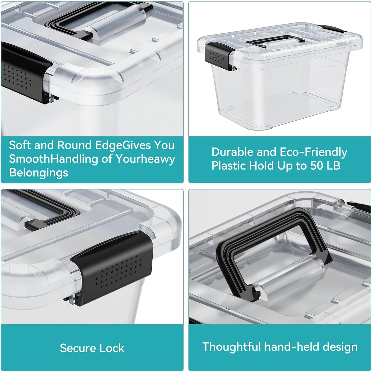 Nazhura Storage Bins - Stackable Plastic Containers with Latching Buckles | Clear, 6QT, 12-Pack