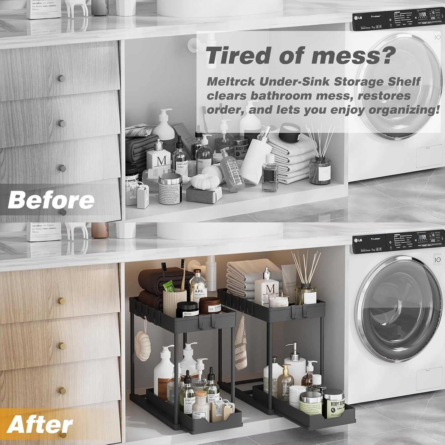 Under Sink Organizer - 2 Pack Bathroom Storage with Pull-Out Sliding Drawers | 12.8 Inch, Black