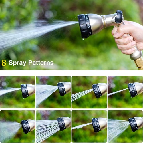 FANHAO Heavy Duty Garden Hose Nozzle - 100% Metal with 8 Spray Patterns for Efficient Watering & Cleaning