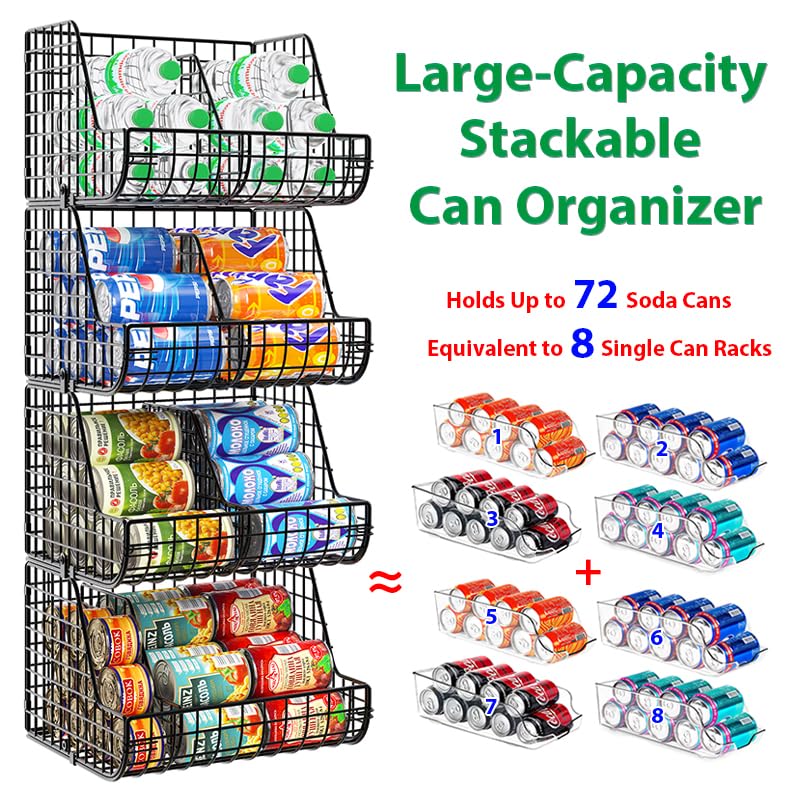 Lyuwanxian 4-Pack Stackable Can Organizer for Pantry, Holds 72 Cans, Adjustable Dividers, Space-Saving Wire Shelves