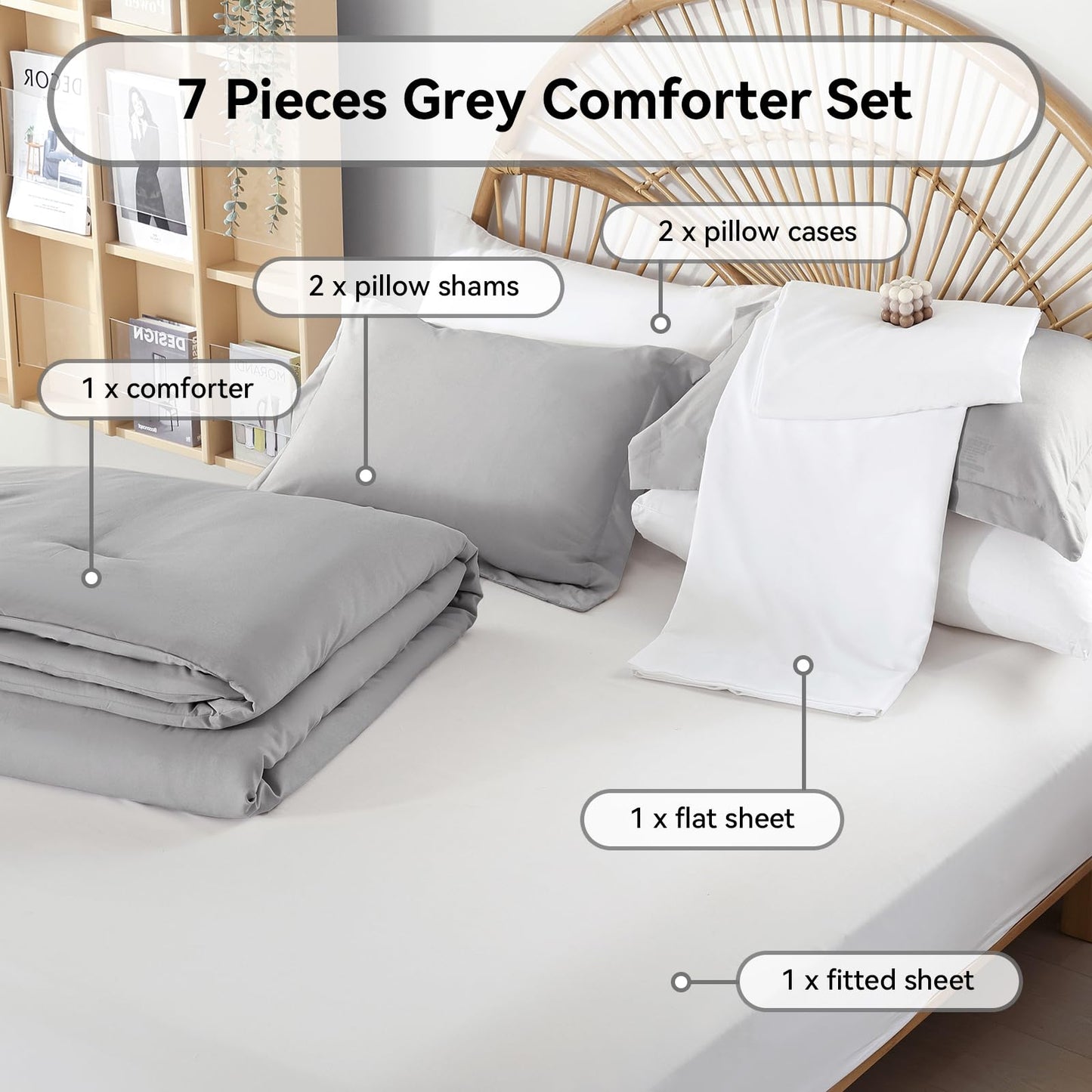 weigelia Full Size Comforter Set 7 Pieces Grey Full Bed Set Microfiber Soft Full Comforter Lightweight Fluffy Comforter Set with Fitted Sheets,Flat Sheets,Pillow Shams,and Pillowcases