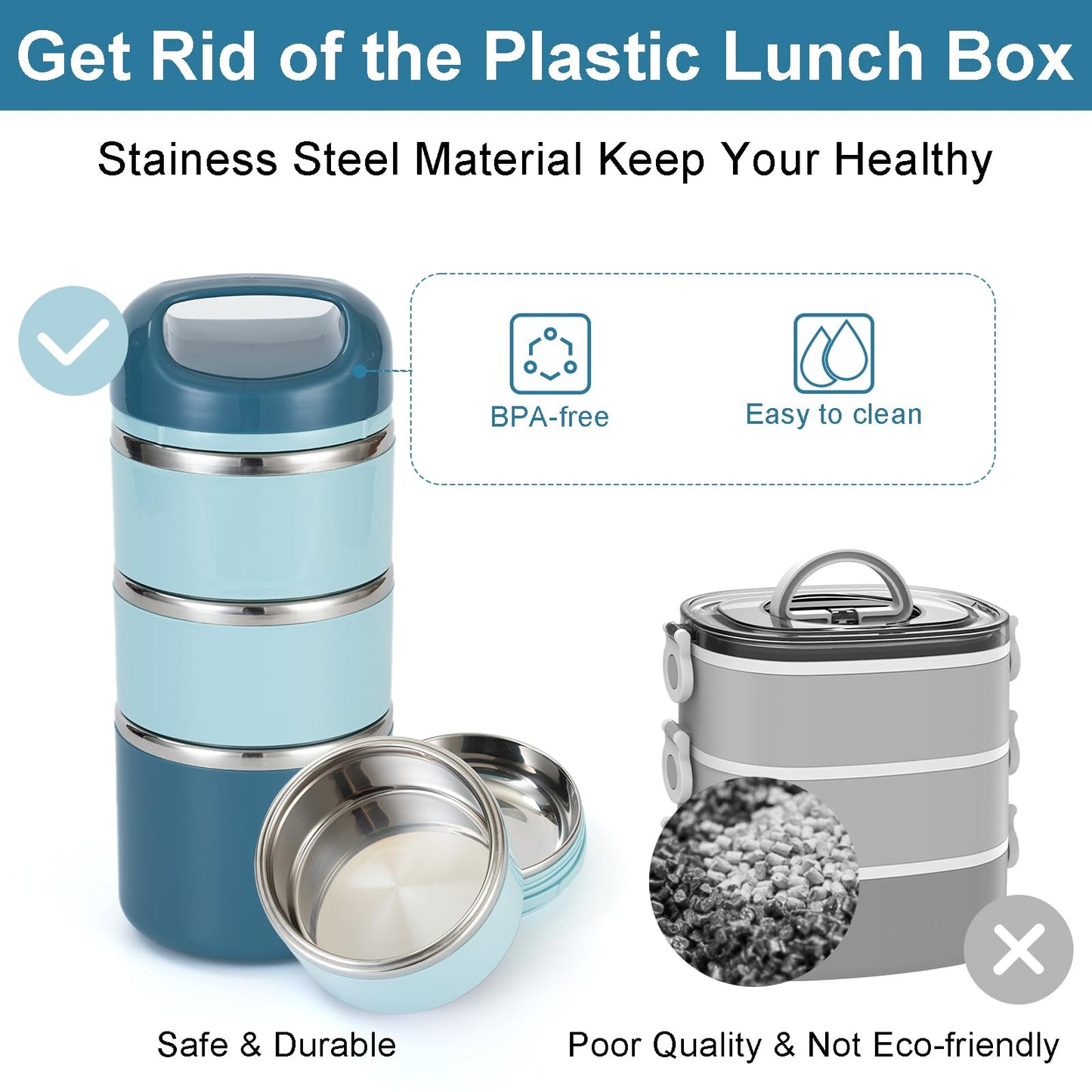 Lille Home 3-Layer Stainless Steel Lunch Box 1.43L- Leakproof, BPA-Free Insulated Bento Box for On-the-Go Meal Prep, Stackable Food Container for Women & Men