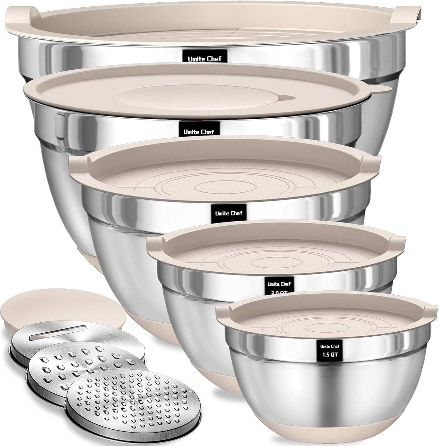 Umite Chef Mixing Bowls Set - 8PCS Stainless Steel Nesting Bowls with Airtight Lids & Grater | Non-Slip Bottoms, Khaki, 1.5QT to 5QT