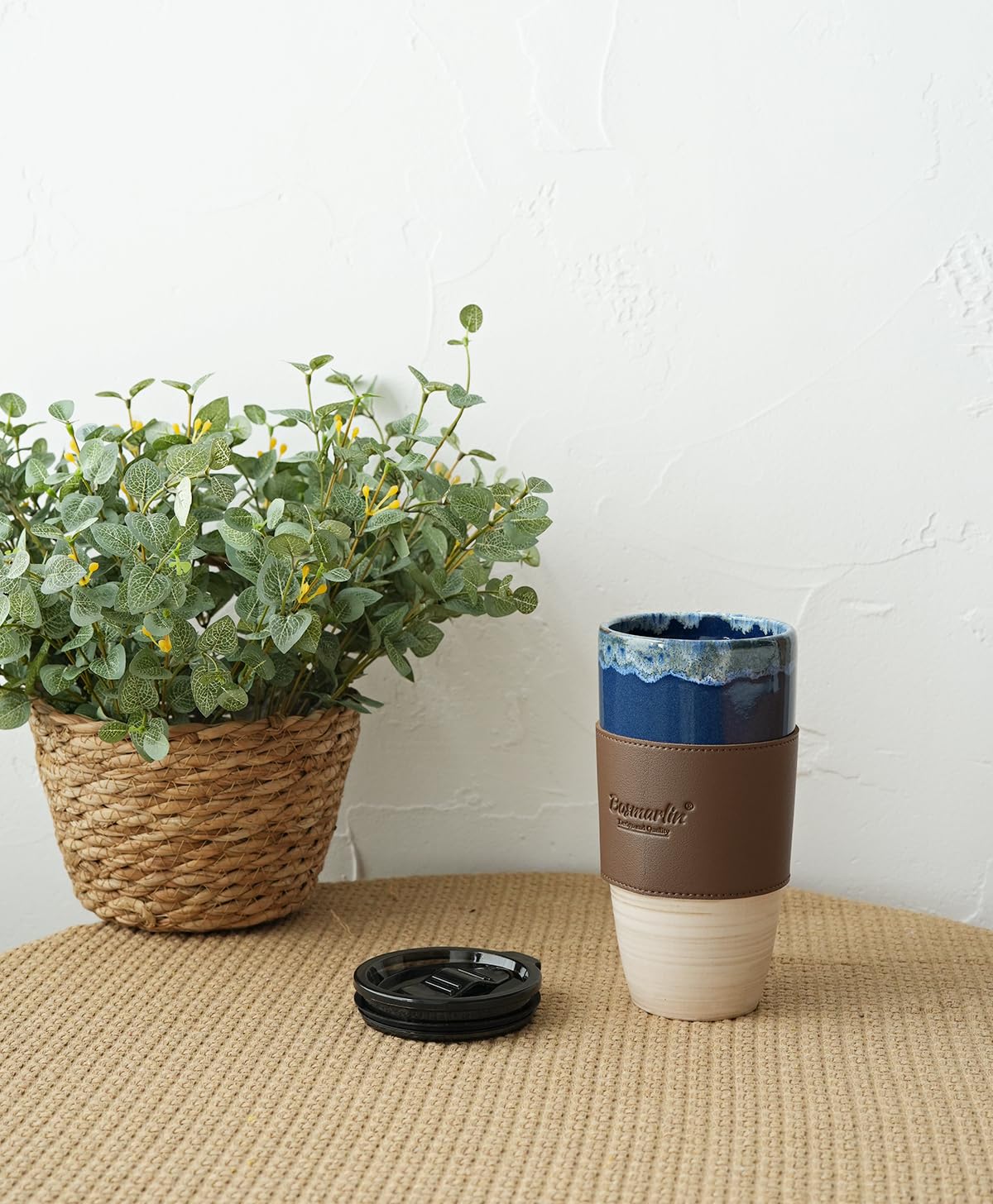 Bosmarlin Ceramic Travel Coffee Cup with Lid, 21 oz, Portable Coffee Mug for Car Cup Holder, Microwave and Dishwasher Safe, Reactive Glaze (Deep Blue)