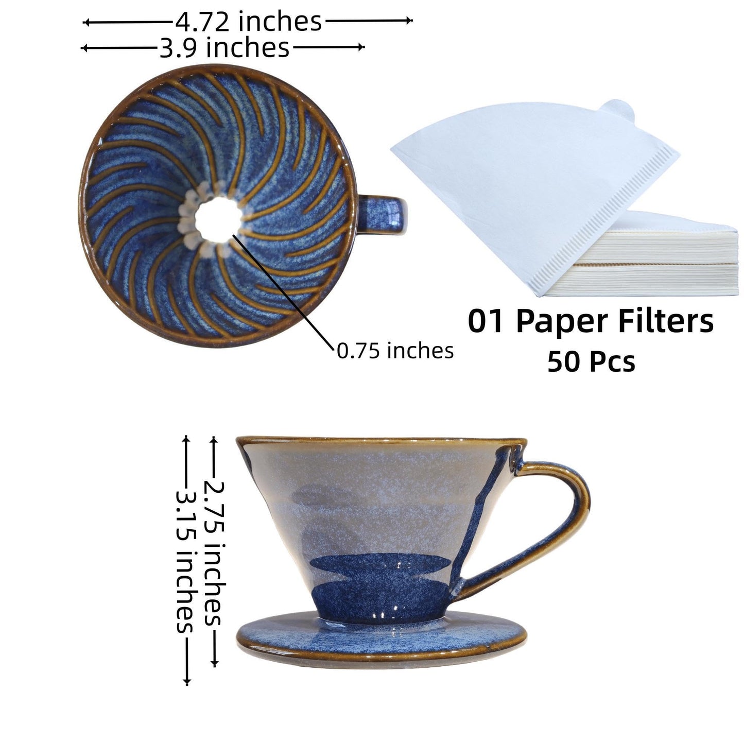 LonMuseum Ceramic Coffee Dripper includes 50 Filters 01 Pour Over Coffee Maker Porcelain V Hand Brewed Set Pottery Artisanal Drip Brew Barista Gift 1 Cup for Single People Travel Camping Office Home