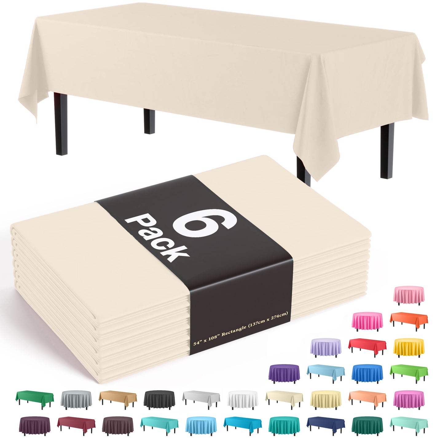 Exquisite Party Solids 6-Pack Premium Plastic Tablecloth 54in. x 108in. Rectangle Plastic Table Cover - Ivory