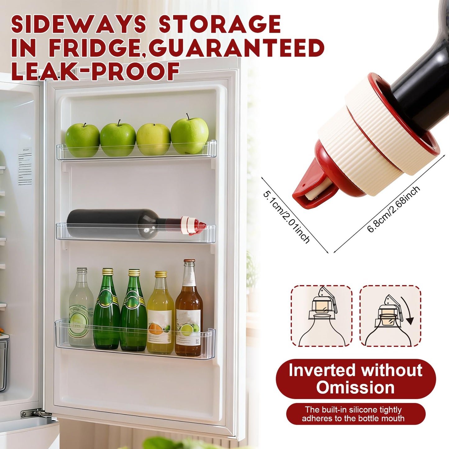 Vacuum Wine Stopper with Date Marker, Lever-Lock Wine Saver, 100% Leak-Proof Airtight Seal for Horizontal Fridge Storage, Reusable Wine Bottle Topper Gift for Wine Lovers (Red)