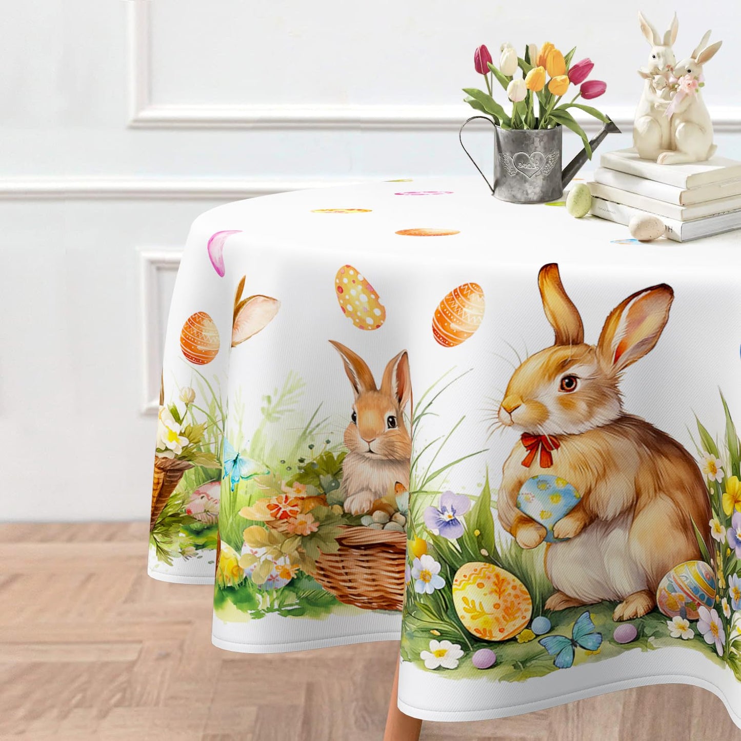 Roszwtit Spring Easter Tablecloth, Easter Eggs Bunny Floral Table Cloth Waterproof, Spring Easter Rabbit Flowers Kitchen Table Decor for Dining Holiday Party 60x60 Inch Round
