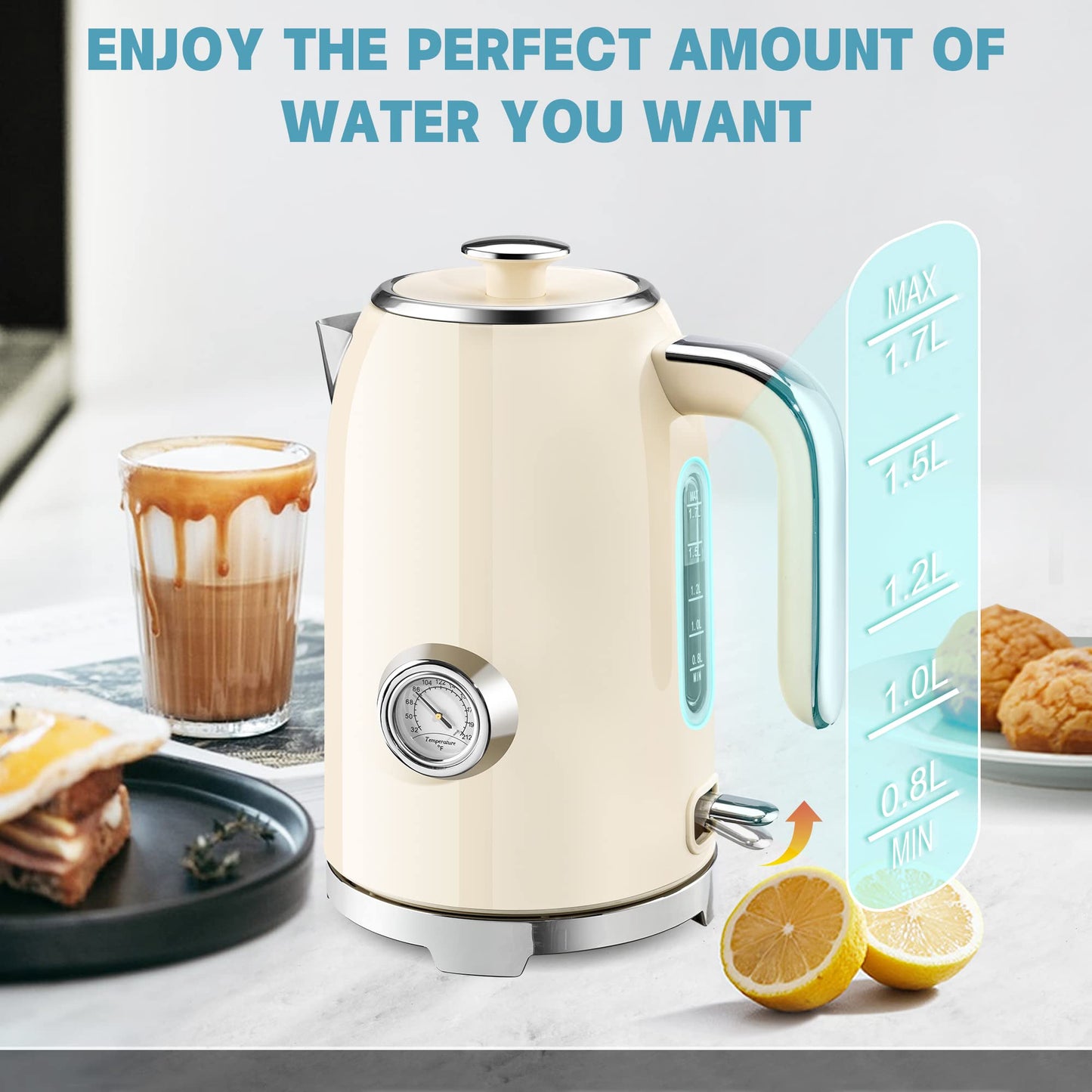 SUSTEAS Electric Kettle - 57oz Hot Tea Water Boiler with Thermometer, 1500W Fast Heating Stainless Steel Pot, Cordless LED Indicator, Auto Shut-Off & Boil Dry Protection, Red