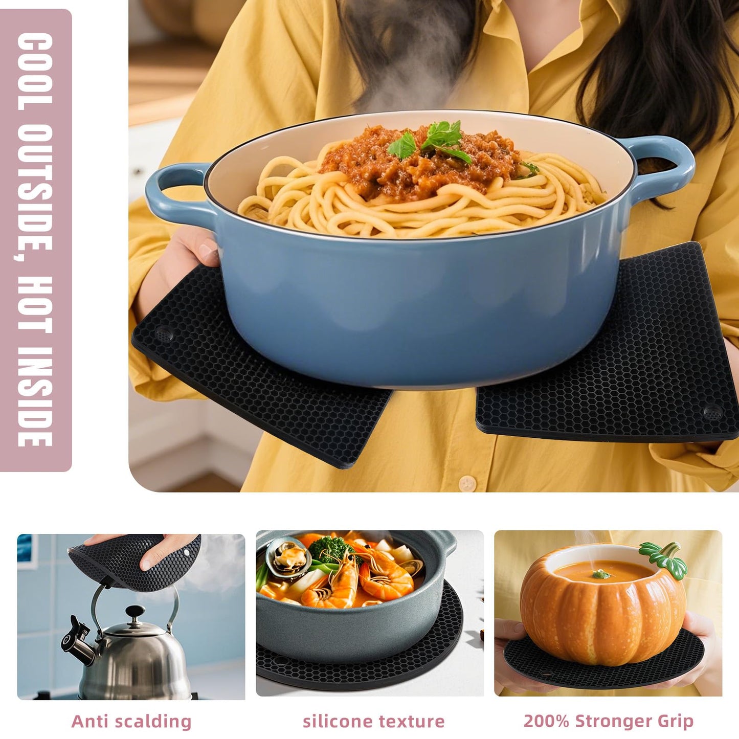 NICESOPIN 4 Pack Silicone Pot Holders & Hot Pads - Heat Resistant Non-Slip Mats for Kitchen Countertops, Trivets for Hot Dishes, Dishwasher Safe & BPA-Free (Black)